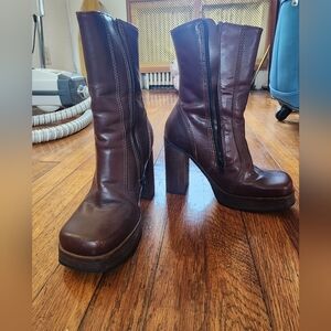 Steve Madden SWEST 90S MAROON Platform Block Heel Leather Boots Sz 6